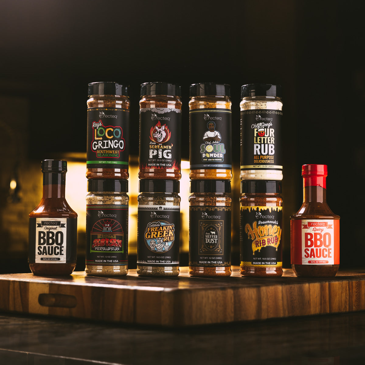 A collection of recteq BBQ rubs & sauces featuring various flavors and styles. Perfect for enhancing grilled meats and adding a tangy kick to your dishes.