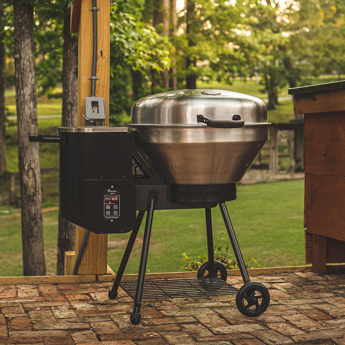 RT-B380 on a back patio with a scenic background behind it with it being fired up to RIOT mode.