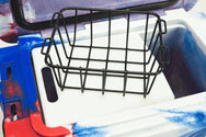 Zoomed inside of 20 quart Red, White, and Blue RECTEQ ICER cooler with integrated cutting board/divider and storage basket.