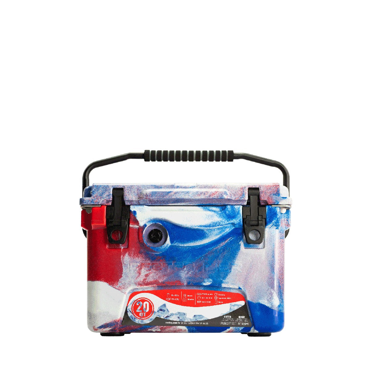 Front facing 20 quart Red, White, and Blue ICER cooler with handle up and lid closed.